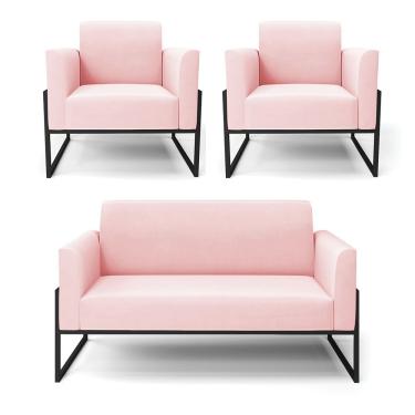 Imagem de Sofá Namoradeira Com 2 Poltronas Base Industrial Alta Preto Marisa Suede Rosa Bebê D03 - D\'rossi