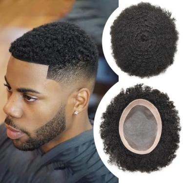 Imagem de Curve Hair Perucas De Cabelo Crespo, Cacheadas, Afro Para Homens Negros, Crespas, Masculinas Onduladas, Sistemas Substituição Humana (#1 Jet Black - 8 Mm Onda, 8'' X 10'')