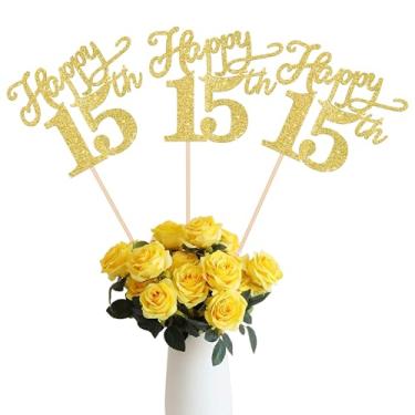 Imagem de Rsstarxi Pacote Com 12 Palitos Para Centro De Mesa "Happy 15Th Birthday", Decorações Festa Glitter Dourado Dupla Face, 15 Enfeites Fabulosos Decoração Aniversário