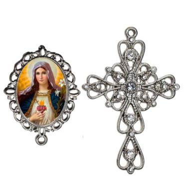 Imagem de Crucifixo Arabesco Terço de Noiva Relicario Coração de Maria Peças par