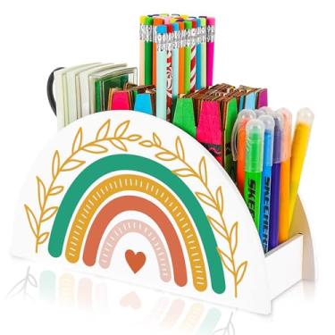 Imagem de JarThenaAMCS Back to School Porta-lápis arco-íris, boho, amarelo, verde, madeira, mesa, organizador para pincéis de maquiagem, lápis, escritório, material para professores, 23 x 13 x 8 cm