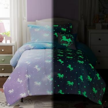 Imagem de Kaleido Space Conjunto de edredom infantil casal para meninas, conjunto de cama de unicórnio que brilha no escuro, 1 edredom, 1 travesseiro decorativo, 2 fronhas