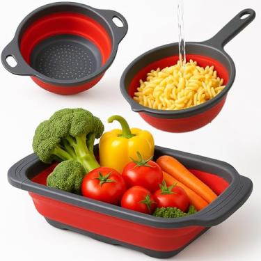 Imagem de Conjunto de 3 coadores vermelhos de alimentos para cozinha - Escorredor dobrável pequeno multifuncional para macarrão e espaguete