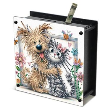 Imagem de TDFERAN Pintura de diamante cofrinho 14 x 14 cm, dinheiro, moeda, lata, cachorrinho e gatinho, caixa eletrônico, abraços de animais, dinheiro, dinheiro, prática, ideal para presente, kits de arte de