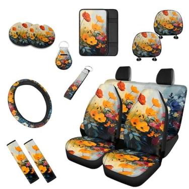 Imagem de Uskorhein Aquarela Coreopsis Capa de assento de carro desenho à mão conjunto completo pintura artística de flores coloridas universais 13 peças para capa de banco dianteiro e traseiro chaveiros para