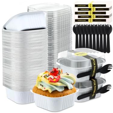 Imagem de Sliner 100 miniformas de bolo de 293 ml com tampas, folha de alumínio, descartáveis, mini copos de bolo com adesivo de garfo, formas quadradas de cupcake para cozinha, festa, casamento, aniversário