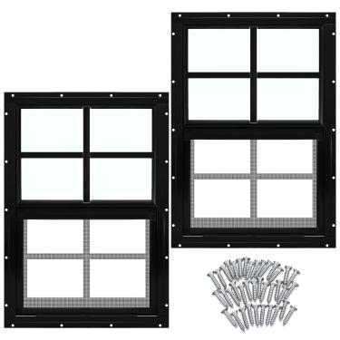 Imagem de Tandefio 2 peças de 30,5 cm x 45,7 cm, janela preta com vidro temperado e tela doméstica, janelas deslizantes com controle deslizante vertical e parafusos para galinheiros, celeiros
