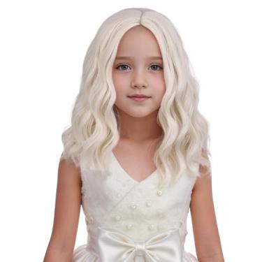 Imagem de Edivd Peruca Loira Branca Para Crianças, Meninas, Curta, Platinada, Com Repartição Lateral, Leve, Ondulada, Cacheada, Sintética, Resistente Ao Calor, Touca