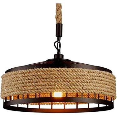 Imagem de Lâmpada Pendente De Madeira Luzes De Ilha Industrial De Cozinha E Lustre E27 Lâmpadas Soquete Estrutura De Gaiola Retangular Para Sala De Jantar Restaut Bar Corda De Cânham, Black, 1 head