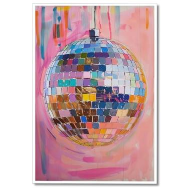 Imagem de Arte de parede em tela de bola de discoteca rosa macia moderna garota descolada prata mirrorball pôster texturizado maximalista impressão vintage 70s bar carrinho decoração de parede para dormitório
