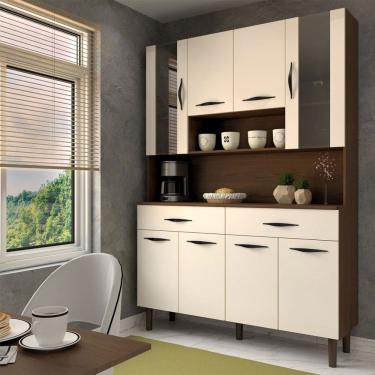 Imagem de Armário de Cozinha com Balcão Sansa 8 Portas 2 Gavetas com Vidro Nogueira/Off White - Panorama Móveis