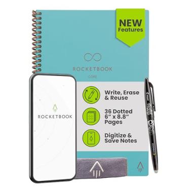 Imagem de Rocketbook Caderno espiral reutilizável New Core, tamanho executivo 15 x 21 cm, azul-petróleo - páginas pontilhadas, conectadas ao aplicativo, apagável, capa durável, ideal para escola, trabalho e