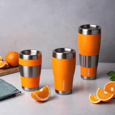 Imagem de Copo Térmico Parede Dupla em Aço Inox Laranja 350ml com Tampa Hermética - Estilo Casual