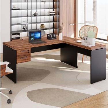 Imagem de Mesa Para Escritório Diretor Em L Com Gaveteiro Suspenso Espresso Móveis Marrom/preto