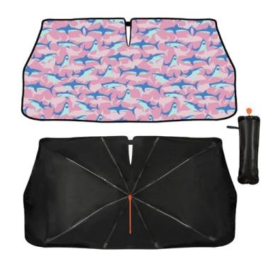 Imagem de Guarda-sol de para-brisa de carro - Guarda-sol de tubarões cor-de-rosa para janela dianteira do carro, bloqueia raios UV guarda-chuva dobrável para para-brisa protetor de viseira de sol mantém o