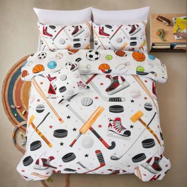 Imagem de A Nice Night Conjunto de cama esportivo completo com 6 peças, edredom completo com patins no gelo, taco de beisebol e design de hóquei (branco)
