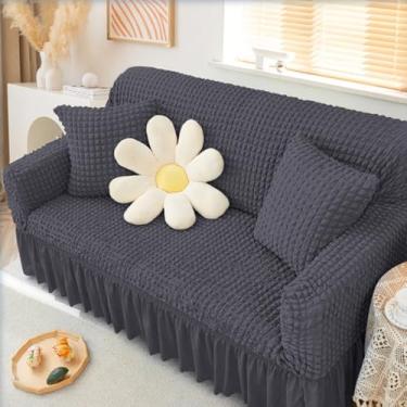 Imagem de KAIJIE Capa elástica para sofá, 1 peça, capa de sofá para 3 pessoas com saia, capa de sofá para sala de estar, capa de tecido jacquard com fundo elástico para cães, crianças, animais de estimação