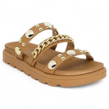 Imagem de Sandalia Papete Vizzano Feminina Tratorada Tiras Spike Macia, Camel, 3