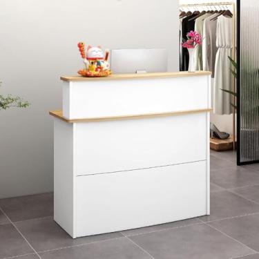 Imagem de Mesa De Recepção Com Balcão, Mesa De Recepção Mesa De Balcão Com Gavetas Com Fechadura, Para Salão De Beleza, Supermercado, Loja De Conveniência, Loja, White+light Walnut, 80cm