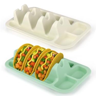 Imagem de Palksky Suportes de silicone para tacos, 2 pacotes reutilizáveis de suporte de taco com divisórias, placas de taco para tacos duros e macios, suporte de taco seguro para lava-louças e micro-ondas para