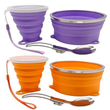 Imagem de Cagelya Kit de bagunça para acampamento, tigela dobrável de silicone, copo dobrável e colher de aço inoxidável para mochilão, caminhadas ao ar livre, viagens e piquenique - pacote com 2