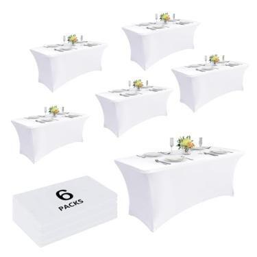 Imagem de Craft And Party Pacote com 6 toalhas de mesa brancas de elastano de 1,8 m – capa elástica ajustada – ajuste universal para mesas dobráveis – sem rugas, lavável – ideal para festas, casamentos e