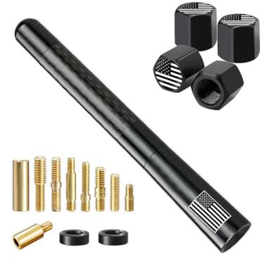 Imagem de Antena curta para carro caminhão bandeira americana com tampas de haste de válvula, mastro universal estilo fibra de carbono para caminhões GM Chevy Silverado 1500 2500 3500 HD Avalanche Ford F150