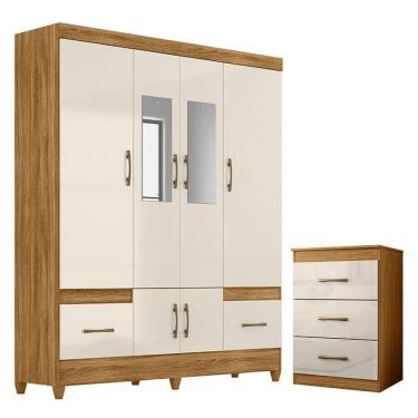 Imagem de Guarda Roupa Casal MS912 com espelho e Cômoda Vitória Freijó Off White – Moval