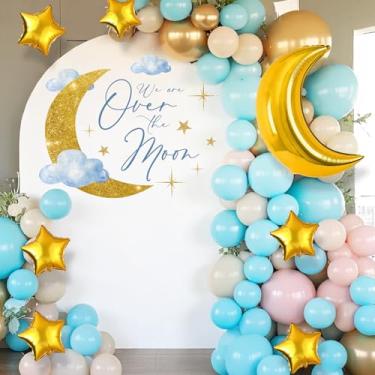 Imagem de Decorações de chá de bebê sobre a lua - We Are Over the Moon adesivo decalque banner adesivo para cenário de arco de balão, festa de aniversário temática de luas espaciais, nuatral revelação de gênero