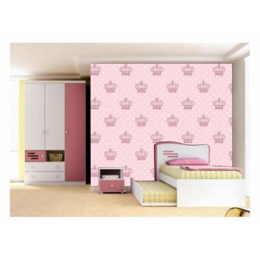 Imagem de Papel De Parede Adesivo Poá Coroa Rosa 300X52Cm Quarto