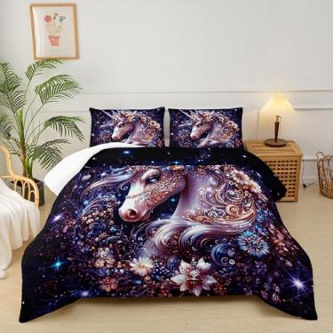 Imagem de lneffble Conjunto de edredom Queen de unicórnio preto, floral, para meninas, com 1 edredom com 2 fronhas