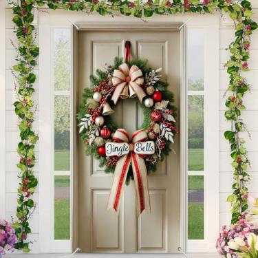 Imagem de BlissYard Capa de porta de Natal, 89 x 188 cm, guirlanda de Natal tradicional, design elegante de tecido de poliéster, faixa de porta para entrada de casa festiva, decoração sazonal, pano de fundo