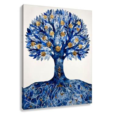 Imagem de Árvore da Vida Arte de Parede Impressão em Tela Decoração Harmonia da Vida com Fotos de Frutas Douradas Folhas Azuis 45x60cmx1