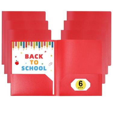 Imagem de Pacote com 6 pastas de plástico com bolsos pasta de arquivo pesada com etiquetas extras pasta de negócios escolar suprimentos de arquivamento de bolso vermelho para escritório em casa e escola