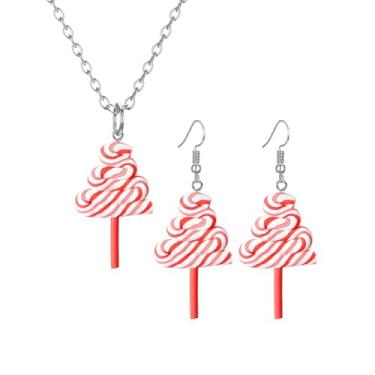 Imagem de Dreuyet Conjunto de colar de brincos de pirulito colorido arco-íris para mulheres conjunto de joias de pirulito de argila macia fofo feito à mão redondo espiral pirulito colar engraçado de simulação