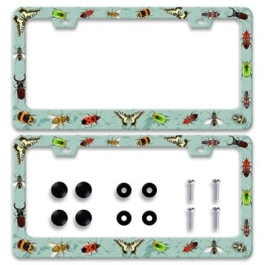 Imagem de Pacote com 2 molduras personalizadas para placa de licença borboleta mariposa besouro de aço inoxidável suporte de placa de carro engraçado decorativo 2 furos serve para nós placas de licença padrão