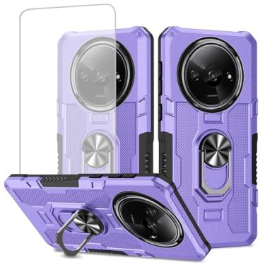 Imagem de Ueokeird Capa para Xiaomi Redmi A3, capa 23129RN51X com protetor de tela de vidro temperado, proteção resistente com anel de metal suporte magnético capa de telefone para Xiaomi Redmi A3 roxo