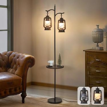 Imagem de Luminária de chão de fazenda com mesa, lanterna de piso vintage de cabeça dupla, lâmpada de pé para sala de estar, quarto, luminária de chão rústica com acabamento preto e marrom