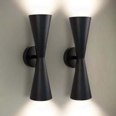 Imagem de Arandelas de parede pretas modernas conjunto de 2, arandelas de parede internas para cima e para baixo, luminária de parede interna de meados do século, lâmpada de parede com fio para sala de estar