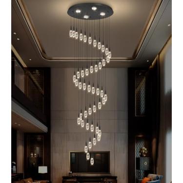 Imagem de Lustre moderno grande de 46 luzes de 19 pés, luminárias de LED para teto alto, lustre de luz longo para hall de entrada, luzes reguláveis com controle remoto para sala de estar, pingente de teto preto