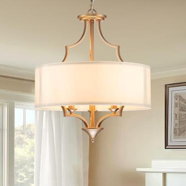 Imagem de HUOKU Lustres de tambor para sala de jantar lustre de tambor dourado moderno de 3 luzes com sombra de tecido, luminária suspensa de tambor rústico de 43 cm para sala de estar, quarto, cozinha