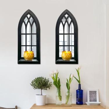 Imagem de Conjunto de 2 castiçais de parede de madeira, arandelas de vela rústica, decoração de parede pendurada em casa de fazenda, moldura de madeira esculpida, destaque de parede espelhado