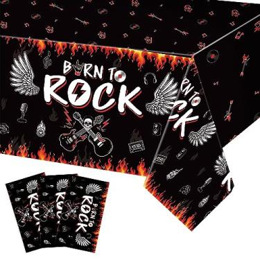 Imagem de Tiamon 3 peças de toalha de mesa de festa rock and roll, materiais de decoração de festa temática de rock, suprimentos Born to Rock 50s, capas de mesa retangulares de plástico descartáveis para festa