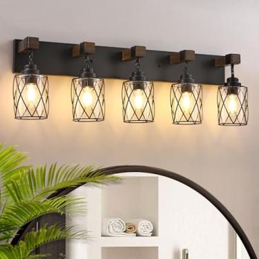 Imagem de Luminárias de banheiro de fazenda, 5 luzes de banheiro com abajur de metal e vidro, luminárias rústicas de madeira sobre espelho, arandelas de parede pretas para sala de estar, quarto