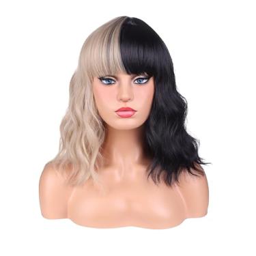 Imagem de Edivd Peruca feminina meio loira e metade preta curta loira e preta ondulada encaracolada com franja perucas adultas divididas perucas sintéticas resistentes ao calor com touca