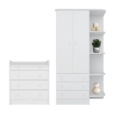 Imagem de Jogo De Quarto Infantil Doce Sonho Guarda Roupa 2 Portas E Cômoda Trocador Branco - Qmovi Branco