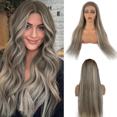 Imagem de Loiro acinzentado 33 x 15 HD Perucas frontais de renda transparente cabelo humano 61 cm realces retos ombré castanho acinzentado a balayage loiro sem cola perucas para mulheres brancas pré-arrancadas