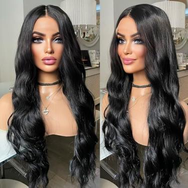 Imagem de WXHWCX 13 x 6 perucas pretas de cabelo longo ondulado de água sintética frontal com linha do cabelo natural resistente ao calor, parte do meio, peruca de renda sem cola para mulheres, uso diário em