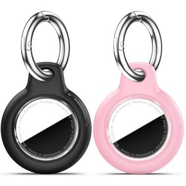 Imagem de Suporte de Airtag à prova d'água com 2 unidades com chaveiro Apple AirTag, capa rígida para PC AirTag, à prova de choque e à prova de arranhões, acessórios para etiqueta Apple - preto + rosa