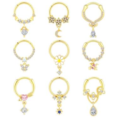 Imagem de Qmcandy 9 peças de aço inoxidável 16G septo clicker pingente coração estrela borboleta flor anéis de segmento articulado, Metal, Zircônia cúbica